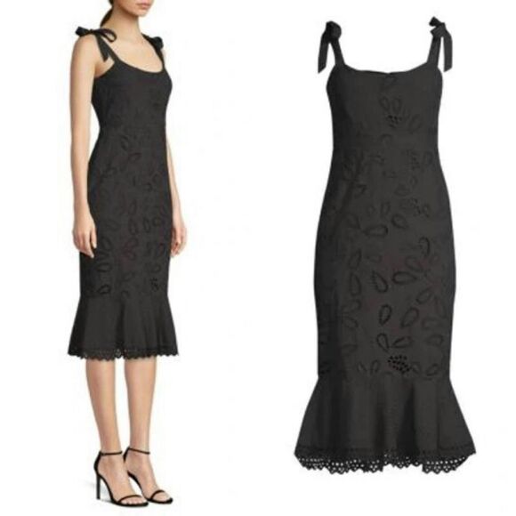 Saloni Rosie Black  Cotton Eyelet Silk Shoulder Ribbon Tie Ruffle Midi Dress 10 - Picture 1 of 10